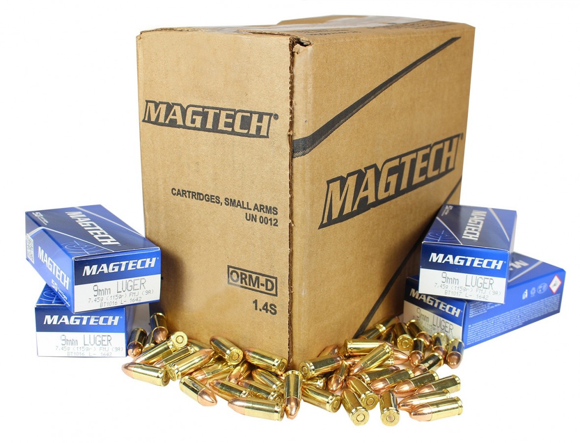 1000 ROUNDS, MAGTECH 9MM 115GR FMJ BRASS CASED AMMUNITION (Twenty boxes of  50 rounds each)