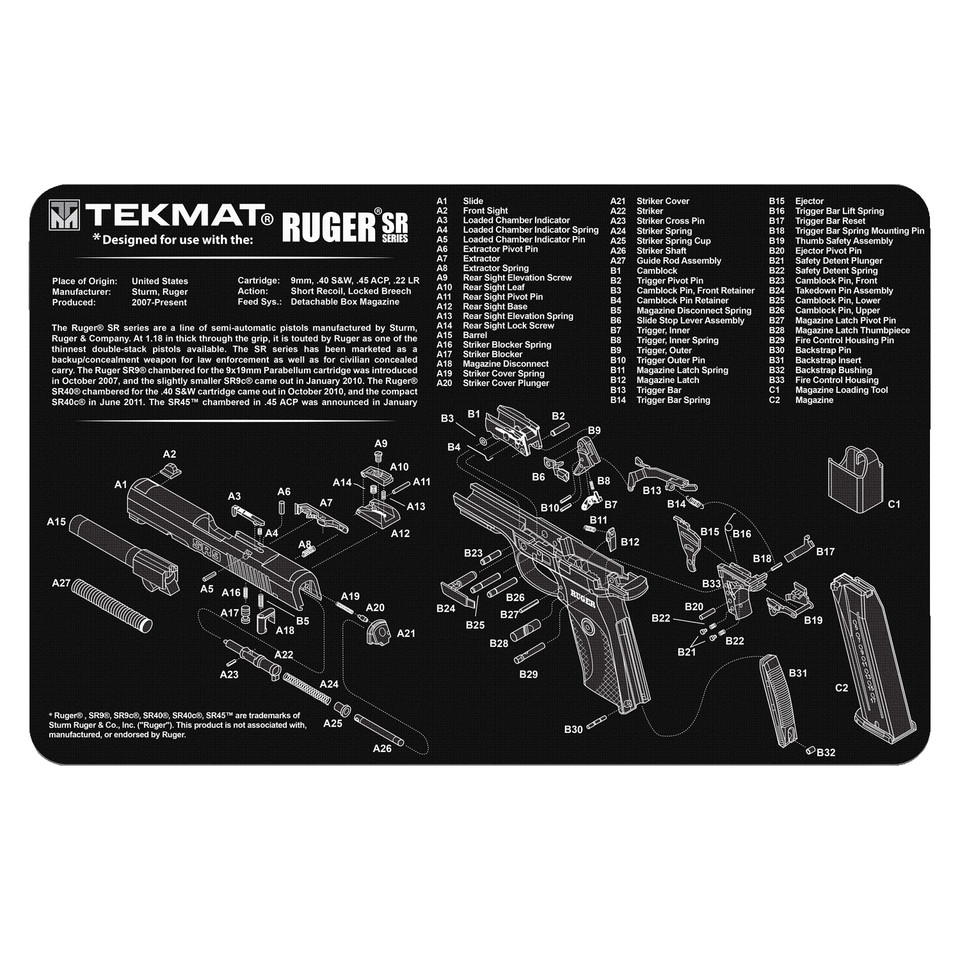 TekMat Original Cleaning Mat Ruger SR9 Parts Diagram 11" x 17" Black-img-0